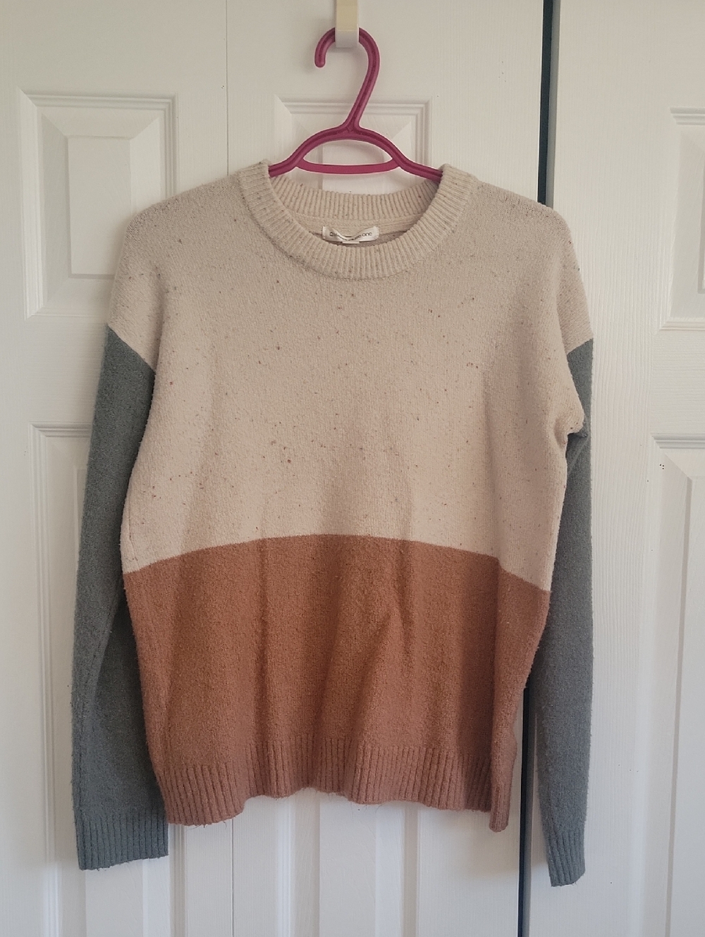 Warehouse Cream, Brown & Green Colorblock Crewneck Sweater